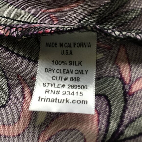 TRINA TURK Low V Neck MultiColor Logo Print 100% Silk Shirred Waist V Neck Top - Picture 3 of 8